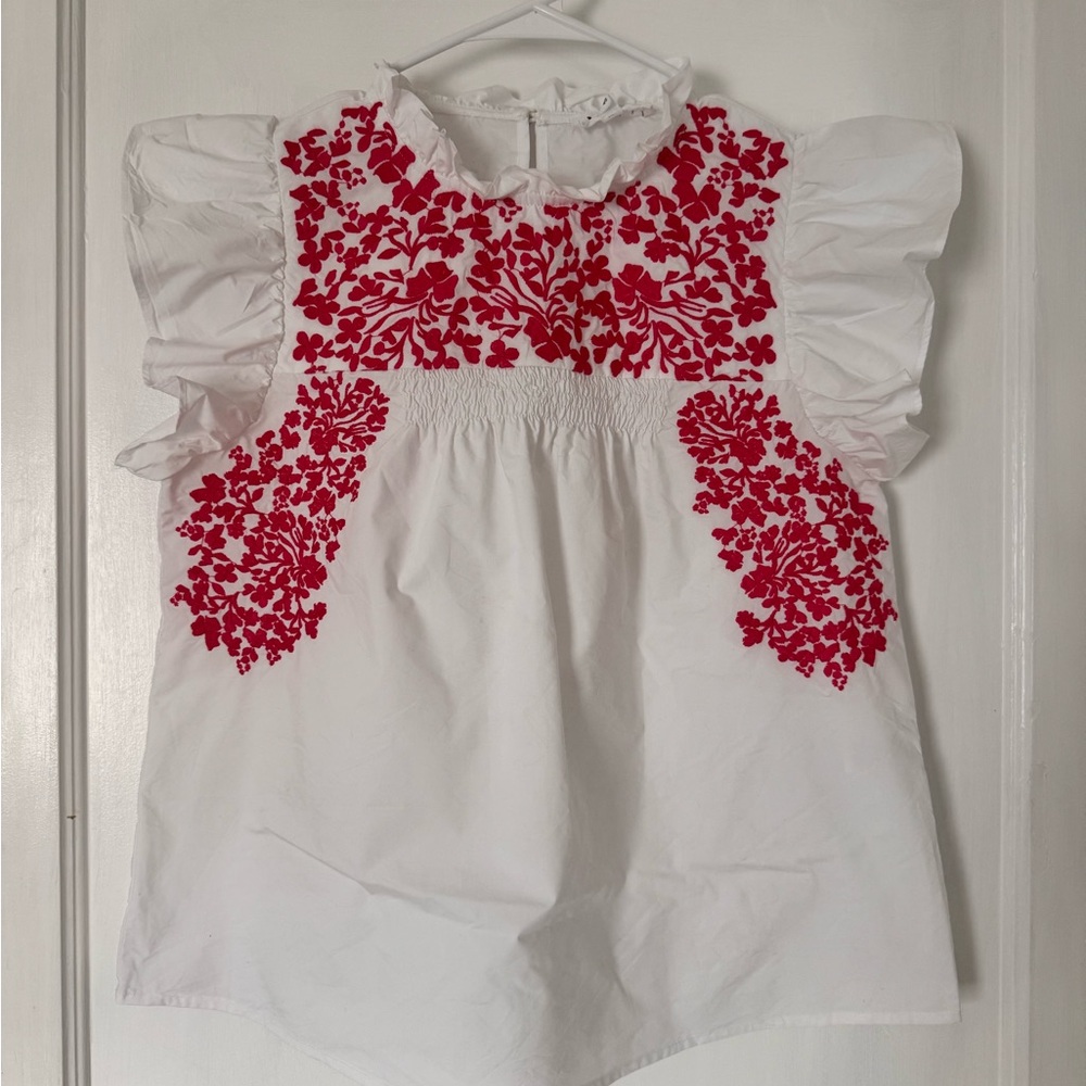 THML White Sleeveless Top with Pink Floral Embroidery